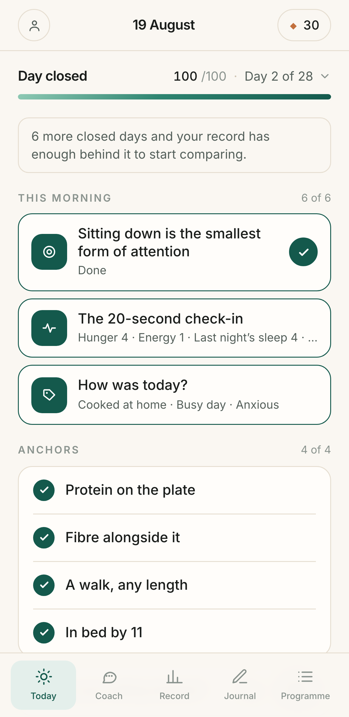 Today screen: the day’s action, the check-in and the record